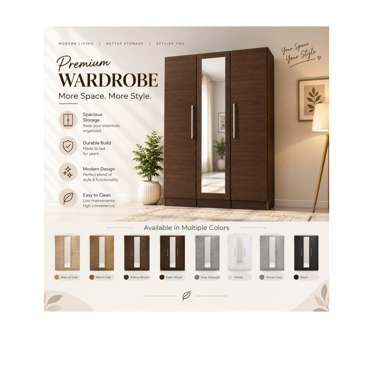 Modern 3-Door Wardrobe with Full-Length Mirror & Hanging Rails
