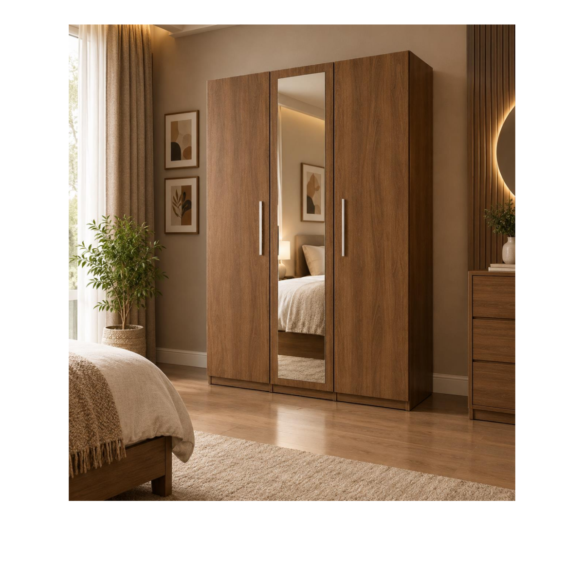 Modern 3-Door Wardrobe with Full-Length Mirror & Hanging Rails