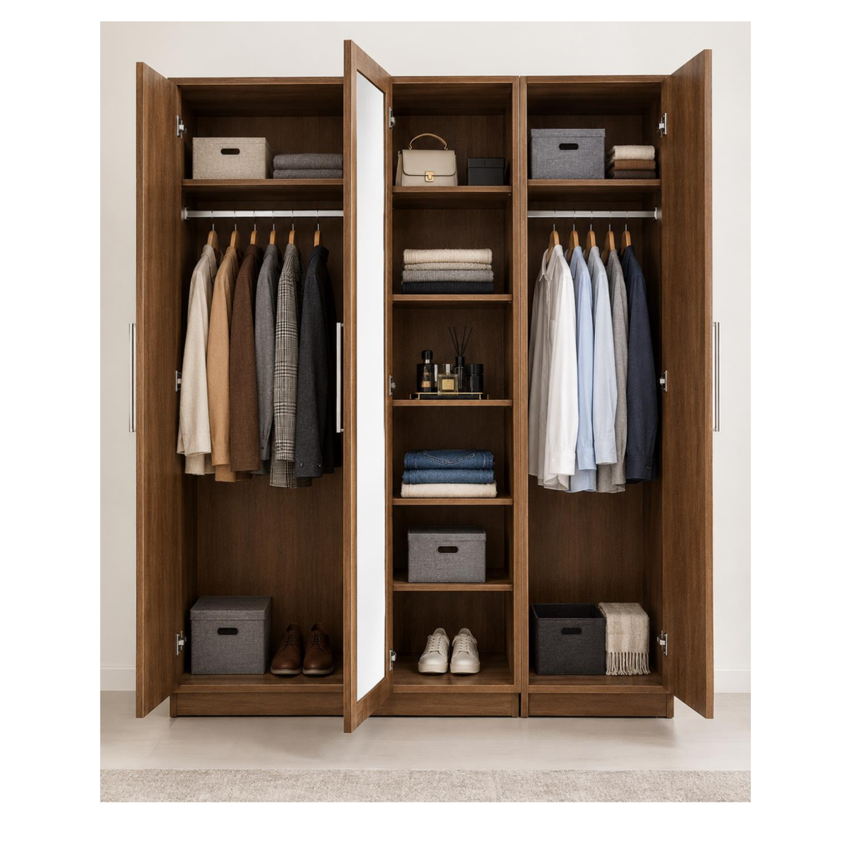 Modern 3-Door Wardrobe with Full-Length Mirror & Hanging Rails