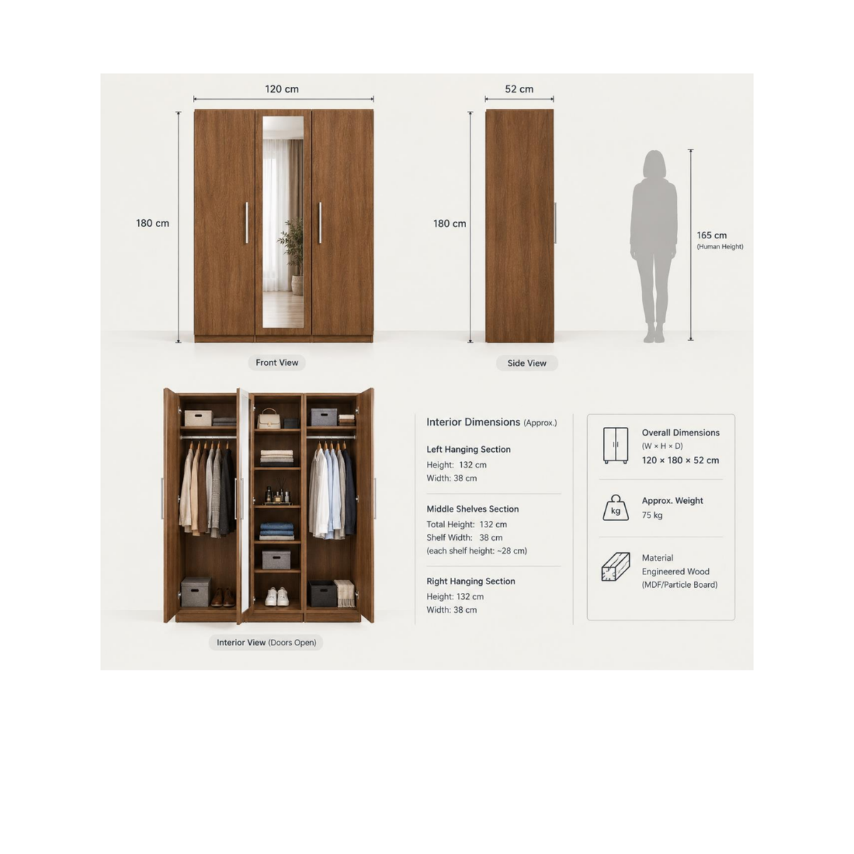 Modern 3-Door Wardrobe with Full-Length Mirror & Hanging Rails