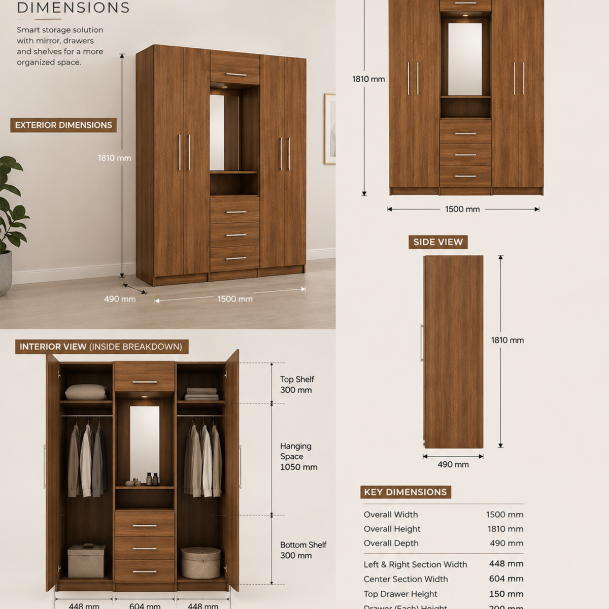 Modern Multi-Door Combi Wardrobe with Mirror & Storage Drawers