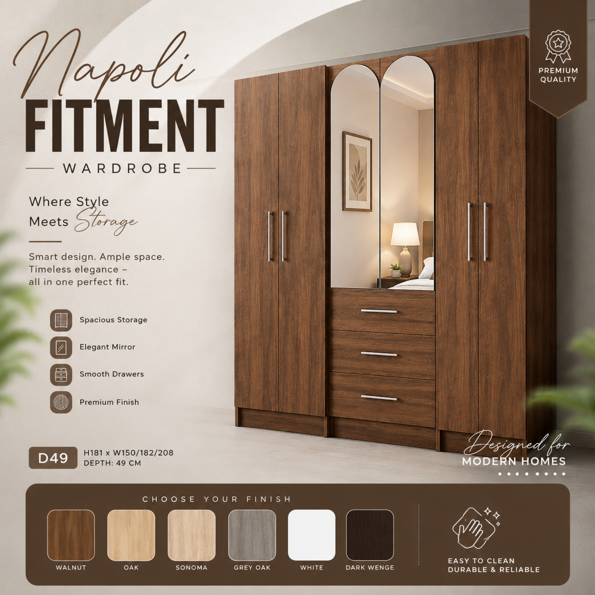 Multi-Door Wardrobe with Center Mirror and Drawers
