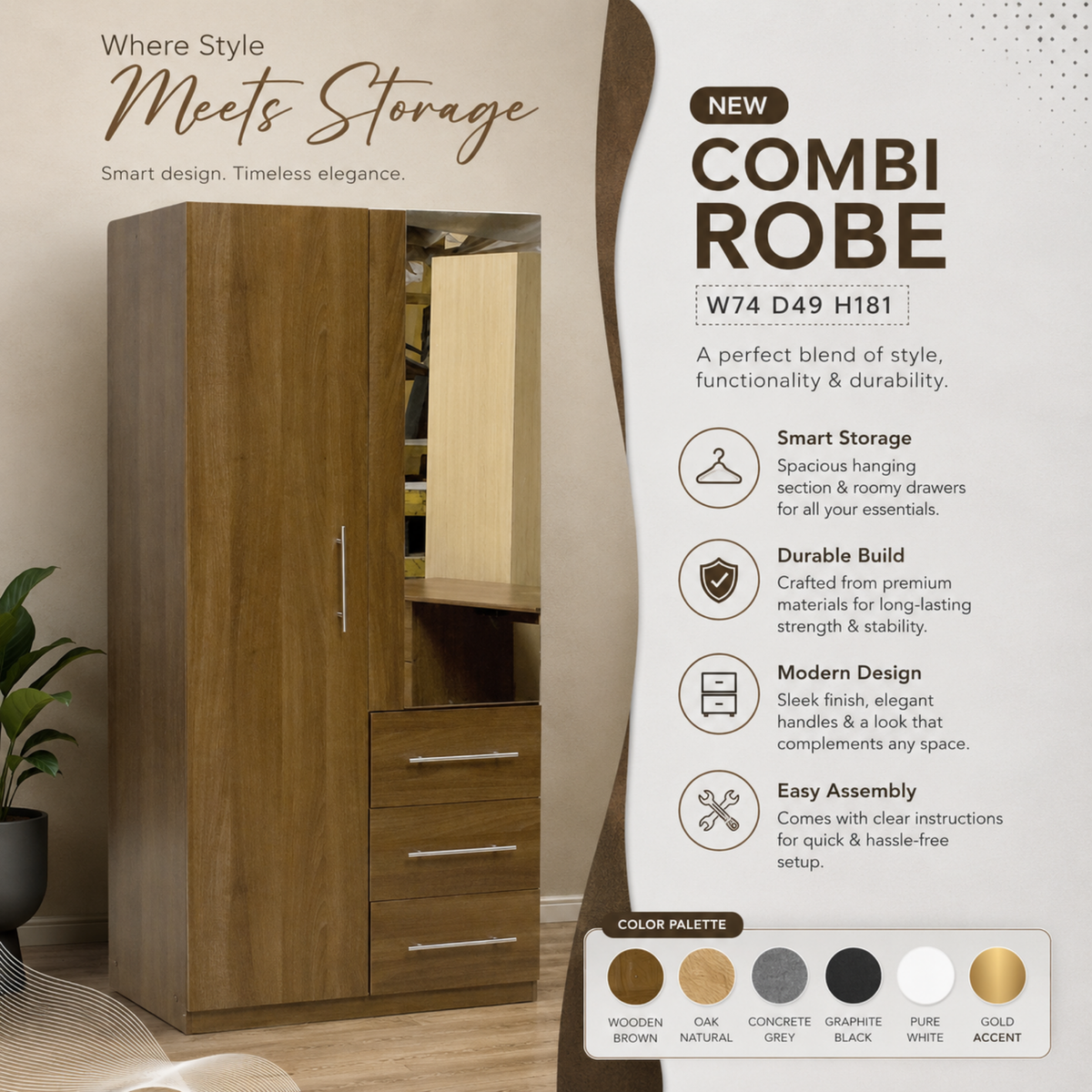 Modern Combi Robe Wardrobe with Mirror & Storage Drawers