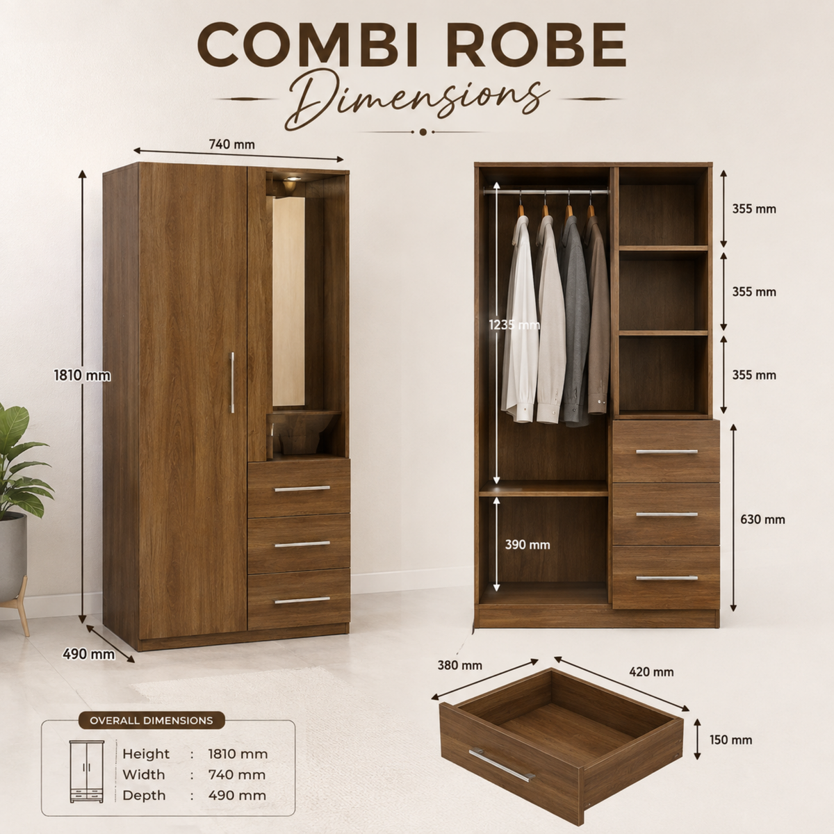 Modern Combi Robe Wardrobe with Mirror & Storage Drawers