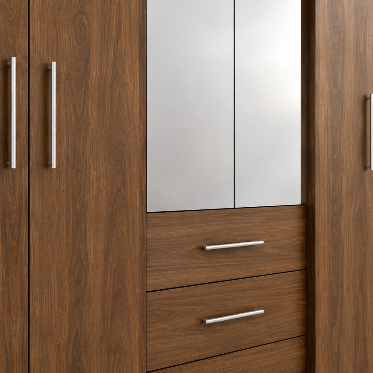 Multi-Door Wardrobe with Center Mirror and Drawers