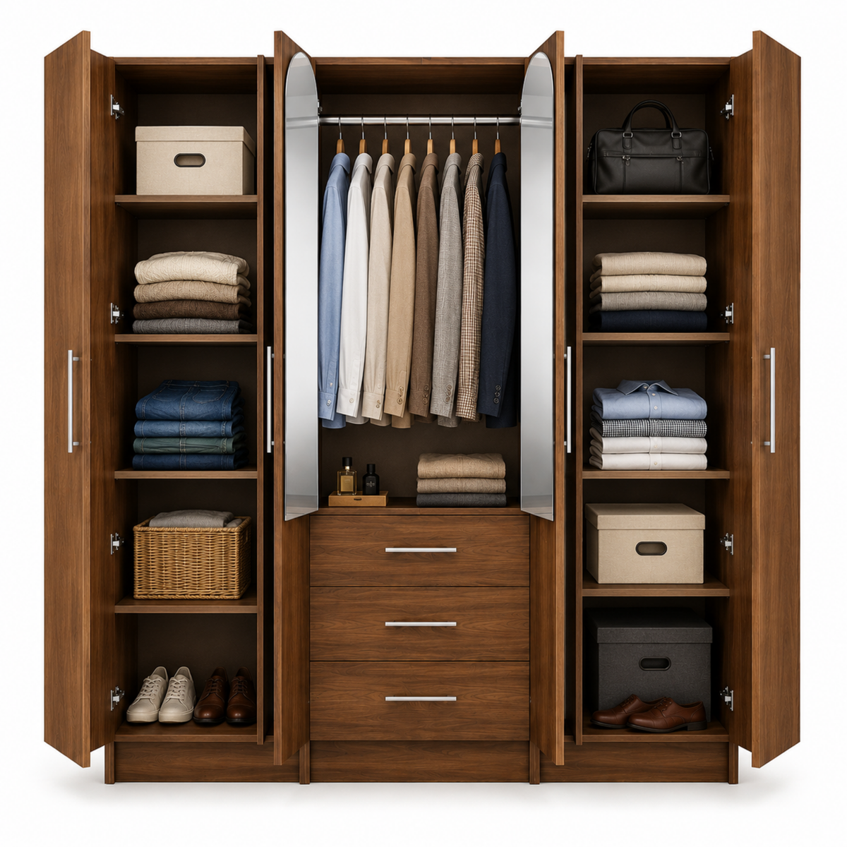 Multi-Door Wardrobe with Center Mirror and Drawers