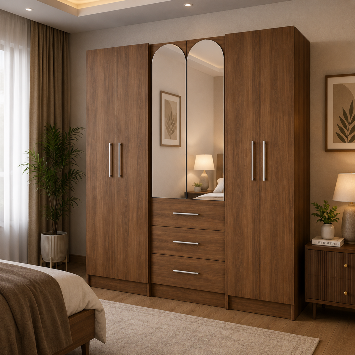 Multi-Door Wardrobe with Center Mirror and Drawers