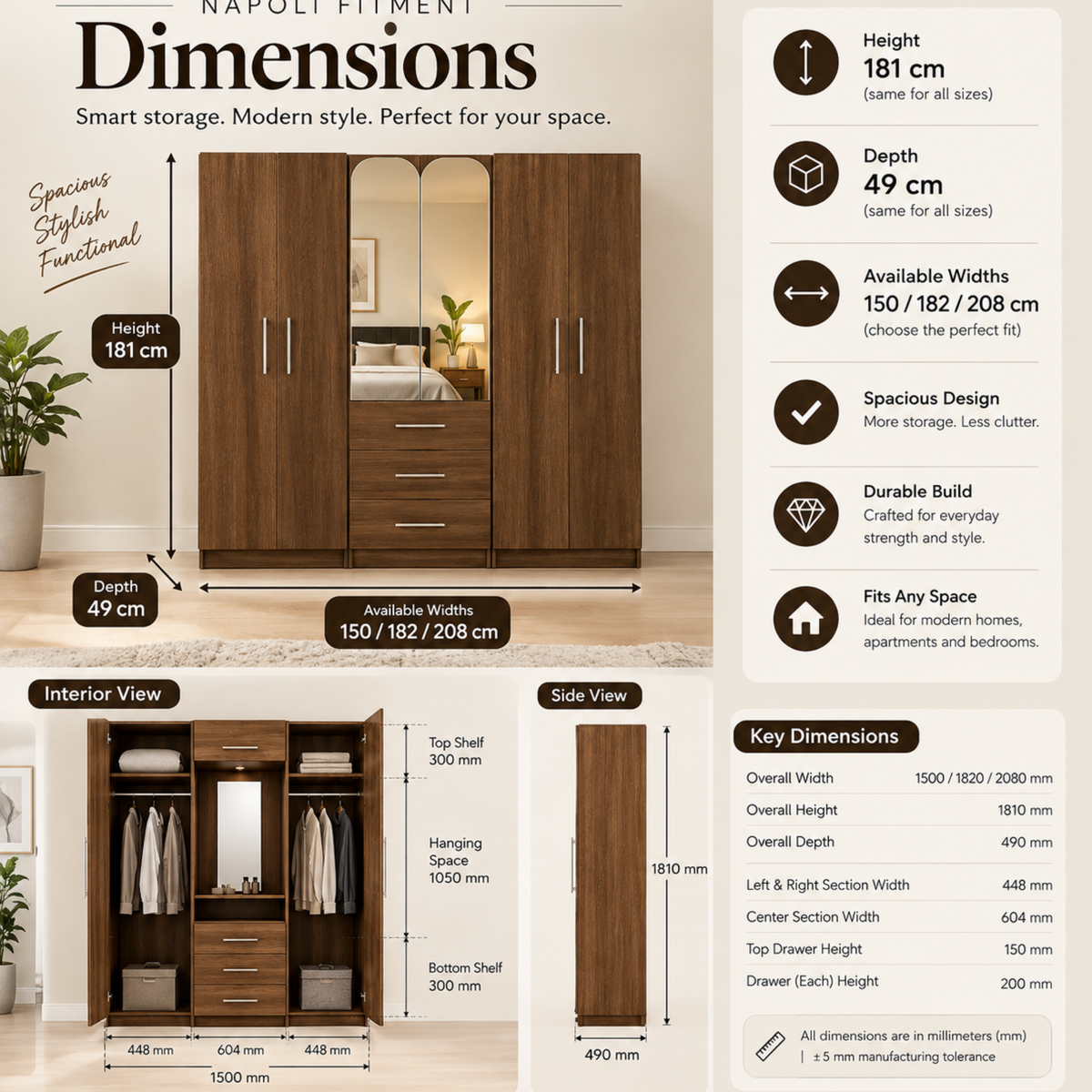 Multi-Door Wardrobe with Center Mirror and Drawers
