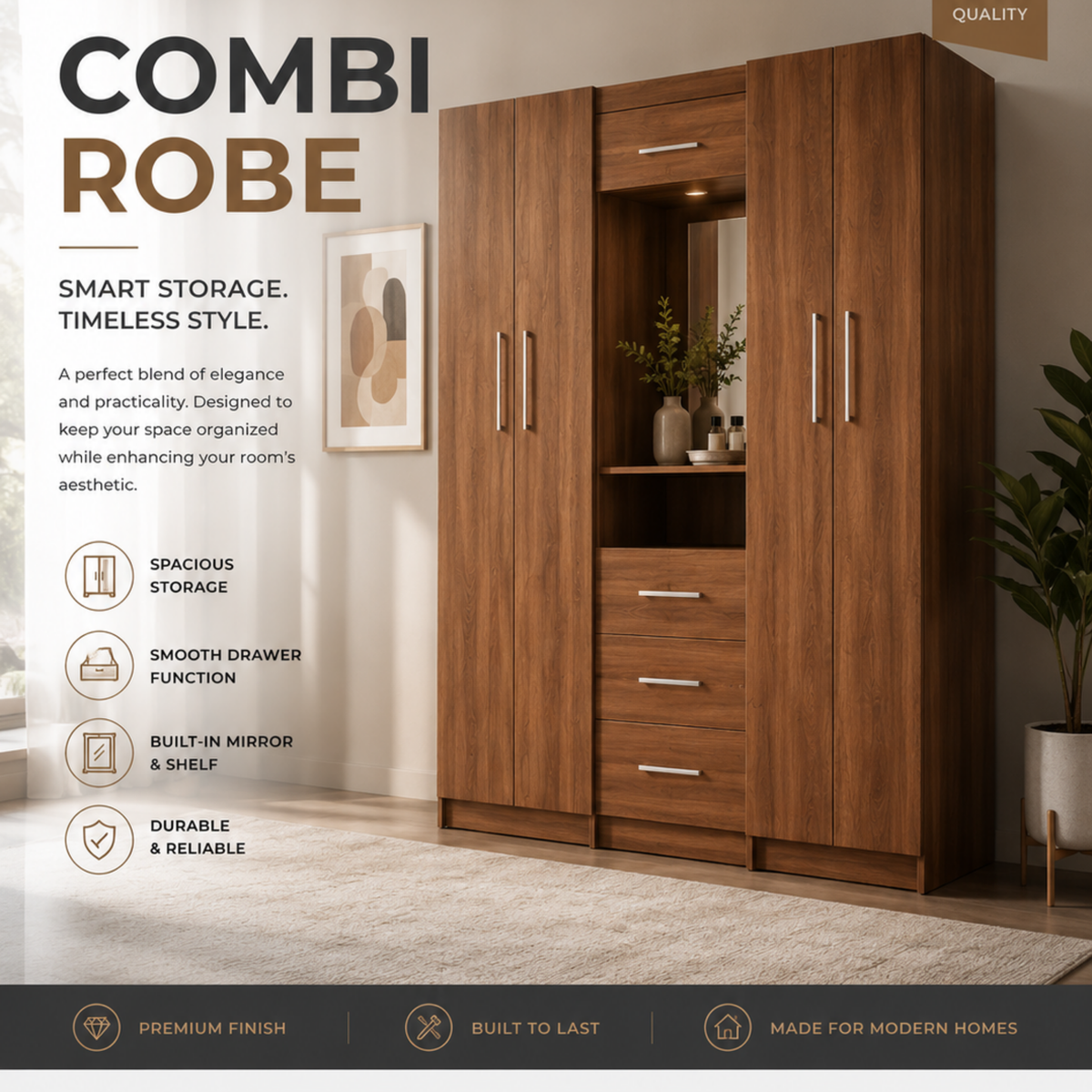 Modern Multi-Door Combi Wardrobe with Mirror & Storage Drawers
