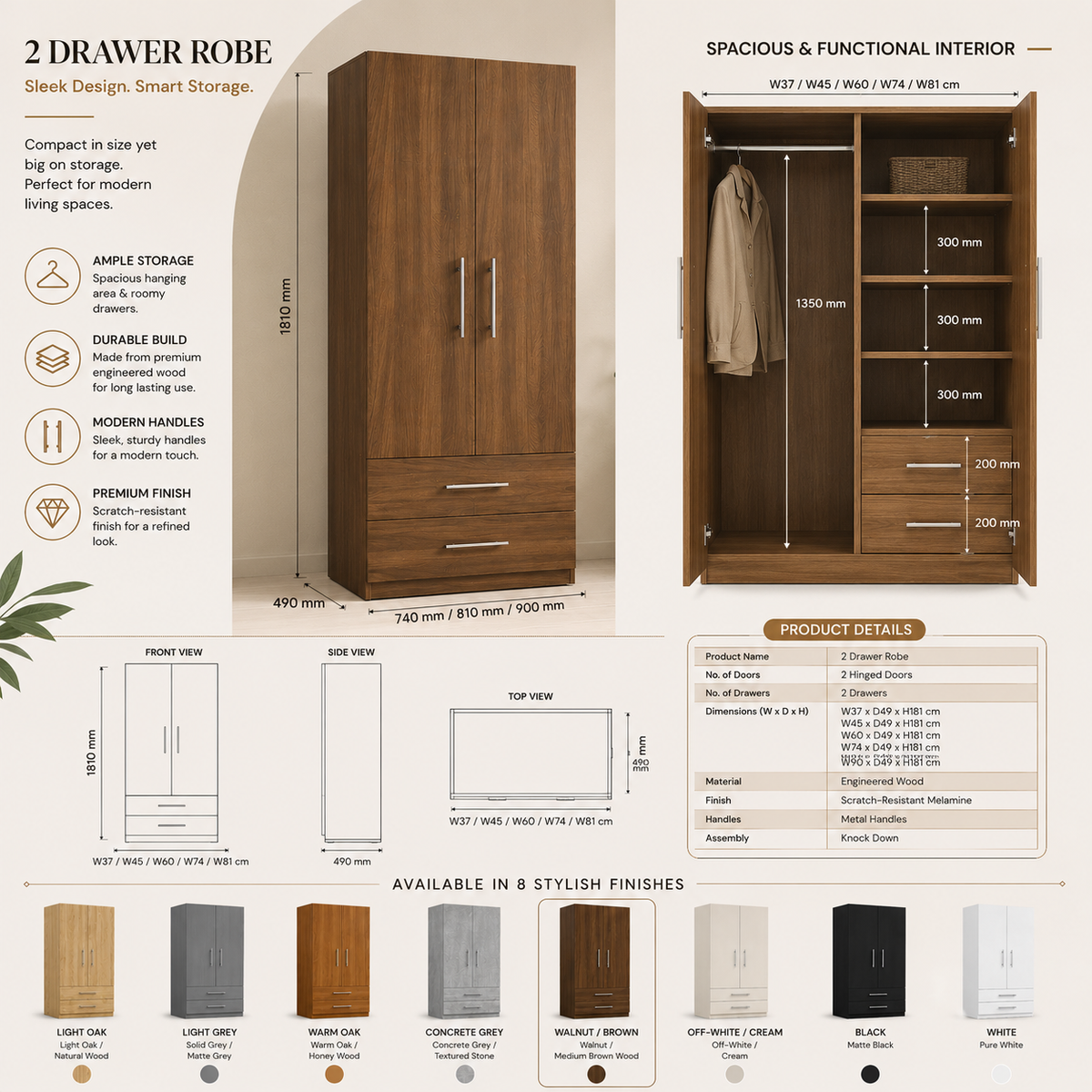 Modern 2 Doors Wardrobe with 2 Drawers | Sleek Bedroom Storage Cabinet
