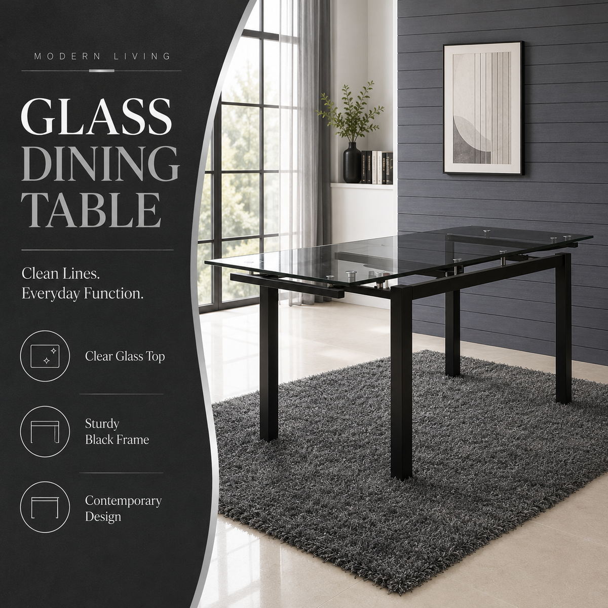 Modern Extendable Black Glass Dining Table with Metal Legs