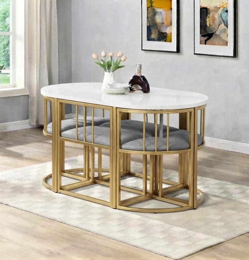Xpress Living Modern Luxury Dining Set with Gold Frame & Marble-Finish Table