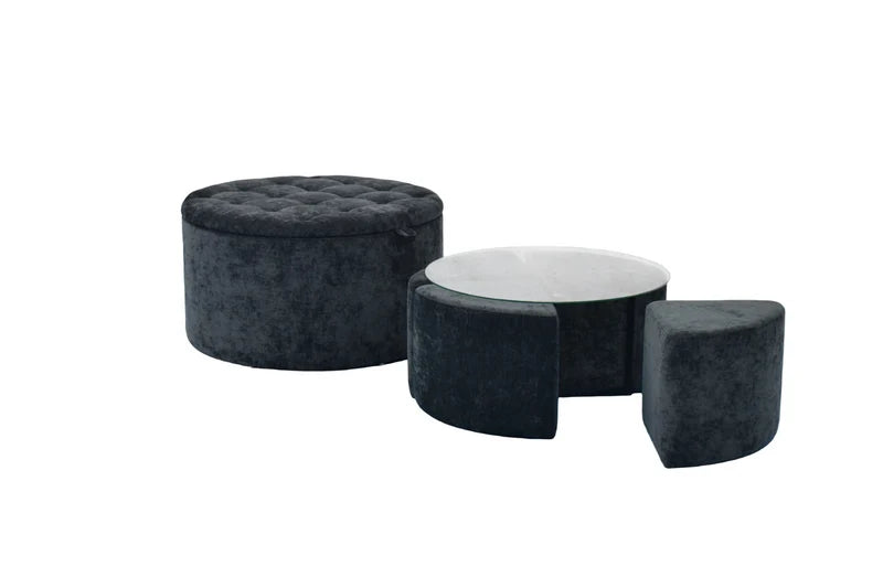 Modern Round Nesting Coffee Table Set with 4 Stools | Glass Top & Upholstered Seating