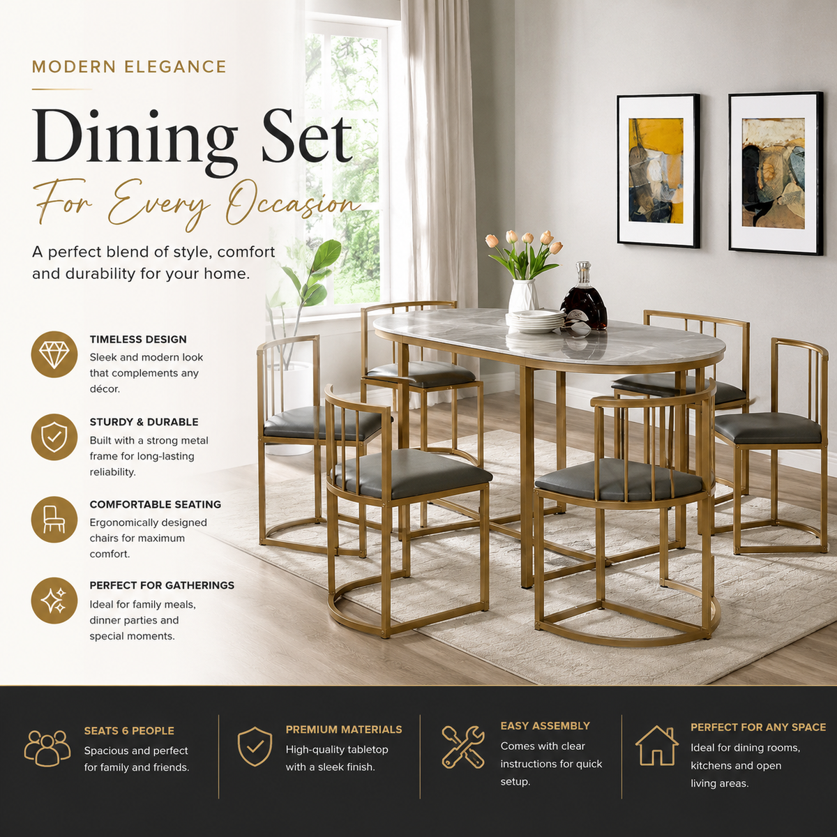 Xpress Living Modern Luxury Dining Set with Gold Frame & Marble-Finish Table