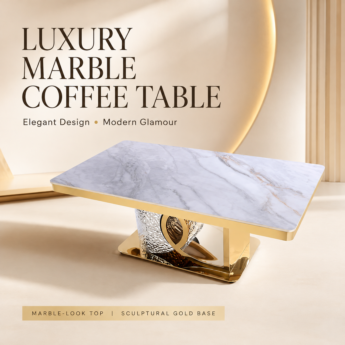Luxury Stone Top Coffee Table with Gold Metal Base