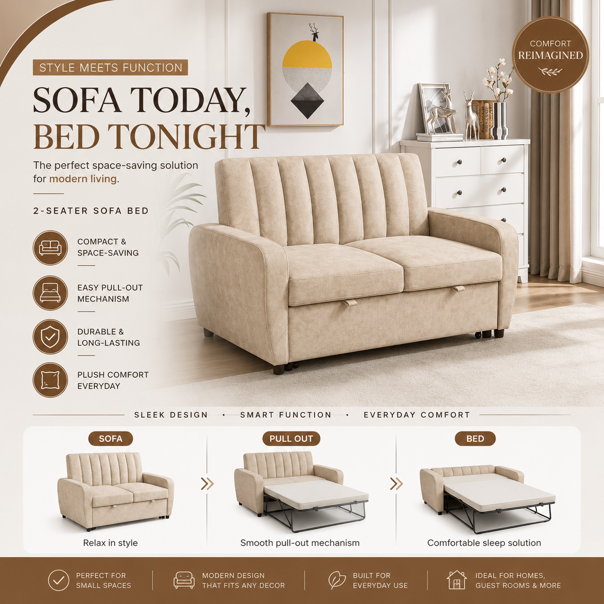 Modern 2-Seater Fabric Pull-Out Sofa Bed