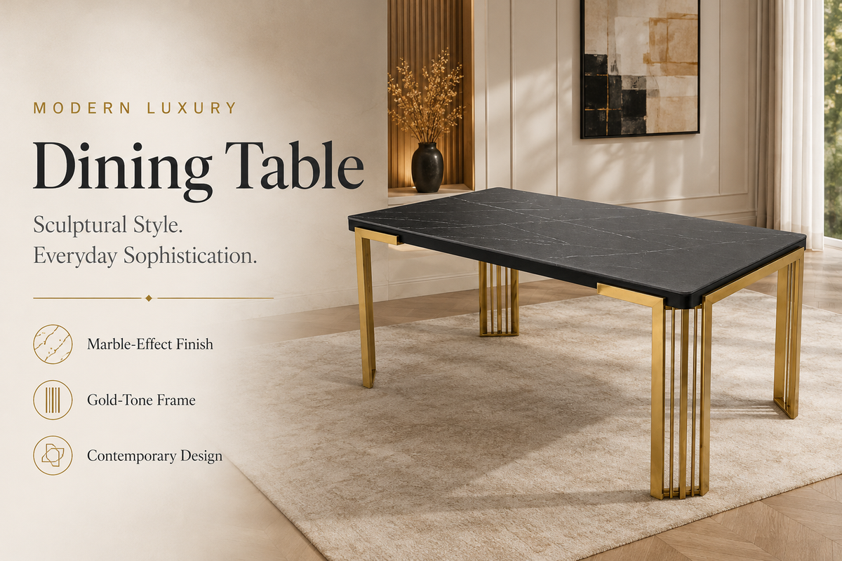 Daisy Modern Luxury Dining Table with Gold Frame & Marble-Effect Top