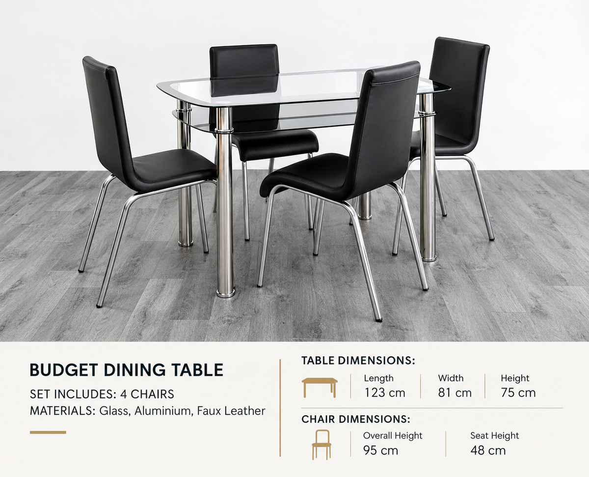 Budget Glass Dining Table Set with 4 Faux Leather Chairs & Storage Shelf