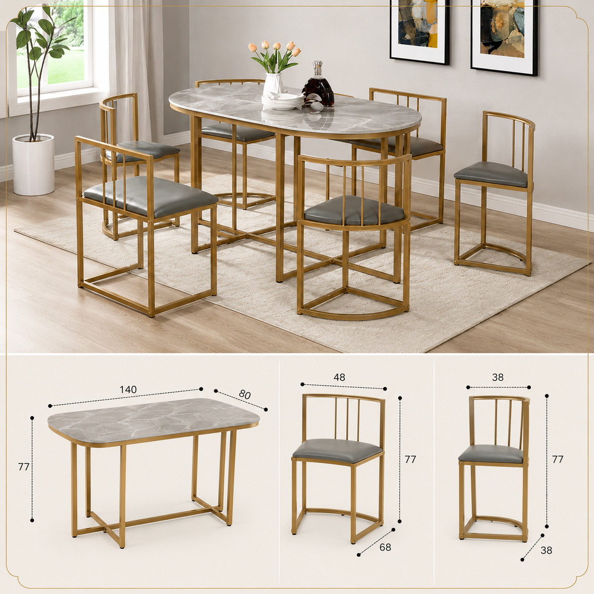 Xpress Living Modern Luxury Dining Set with Gold Frame & Marble-Finish Table