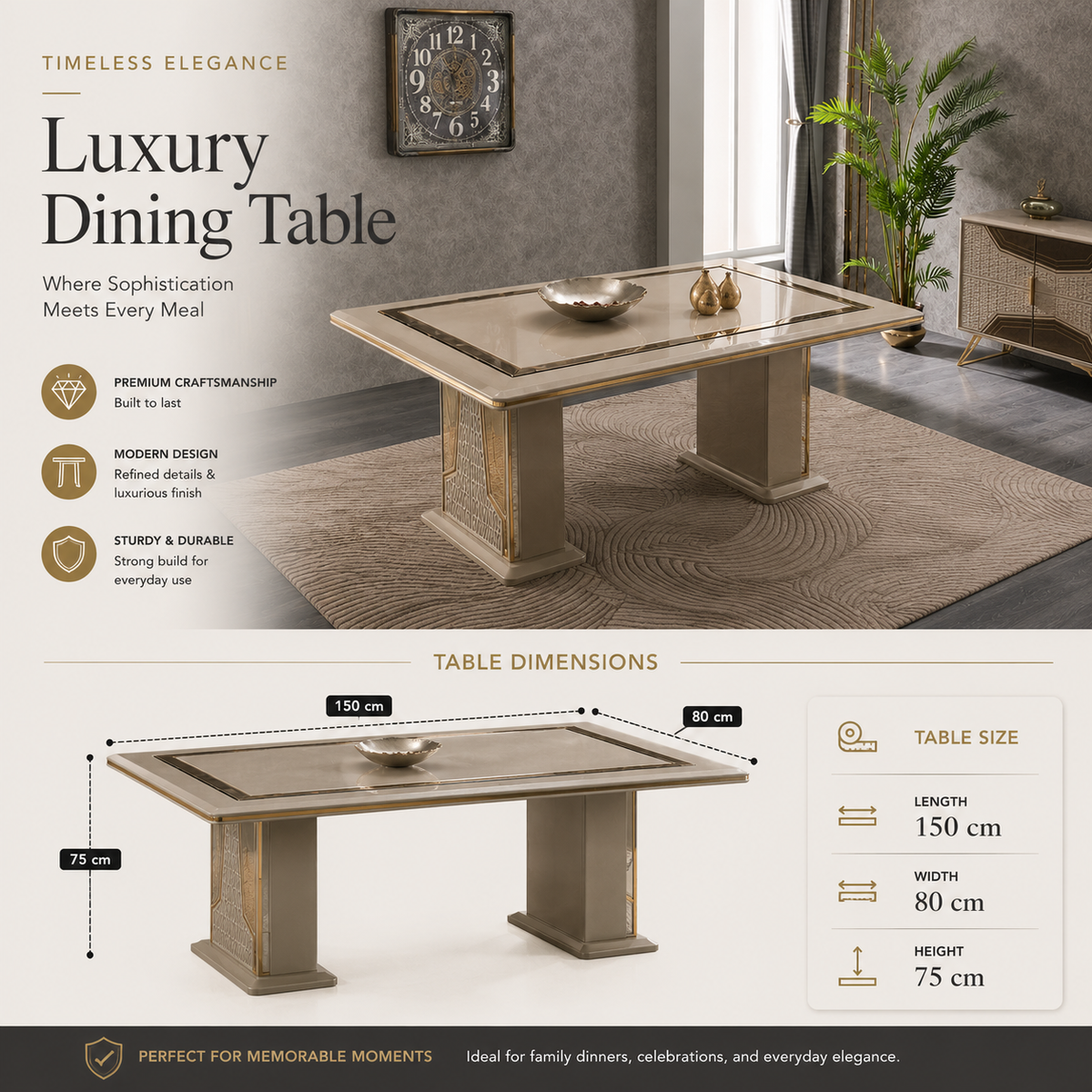 Milano Luxury Rectangular Dining Table | 150cm Modern Kitchen & Dining Room Centerpiece