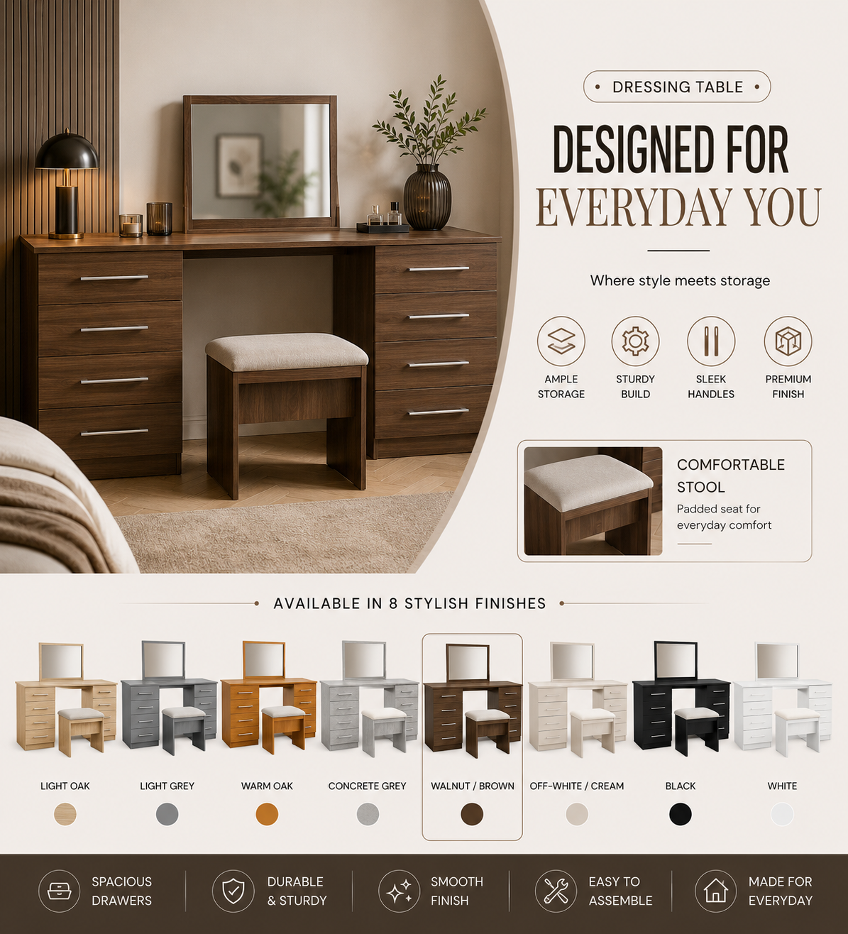 Modern 8-Drawer Dressing Table with Mirror & Stool | Bedroom Vanity Set