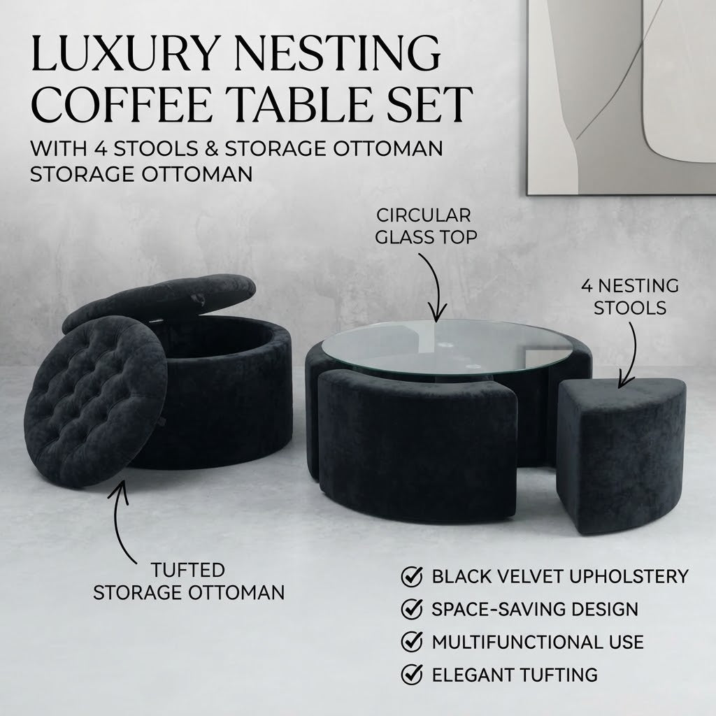 Modern Round Nesting Coffee Table Set with 4 Stools | Glass Top & Upholstered Seating