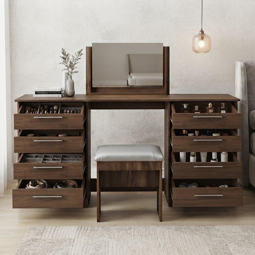 Modern 8-Drawer Dressing Table with Mirror & Stool | Bedroom Vanity Set