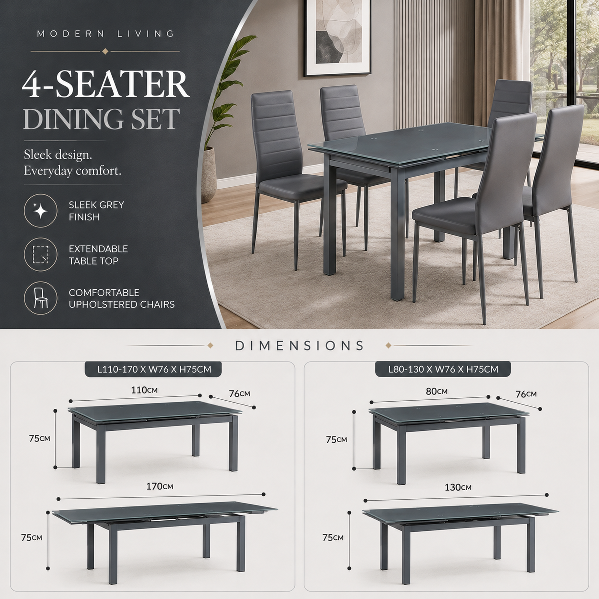 Modern Extendable Grey Glass Dining Table with Metal Legs