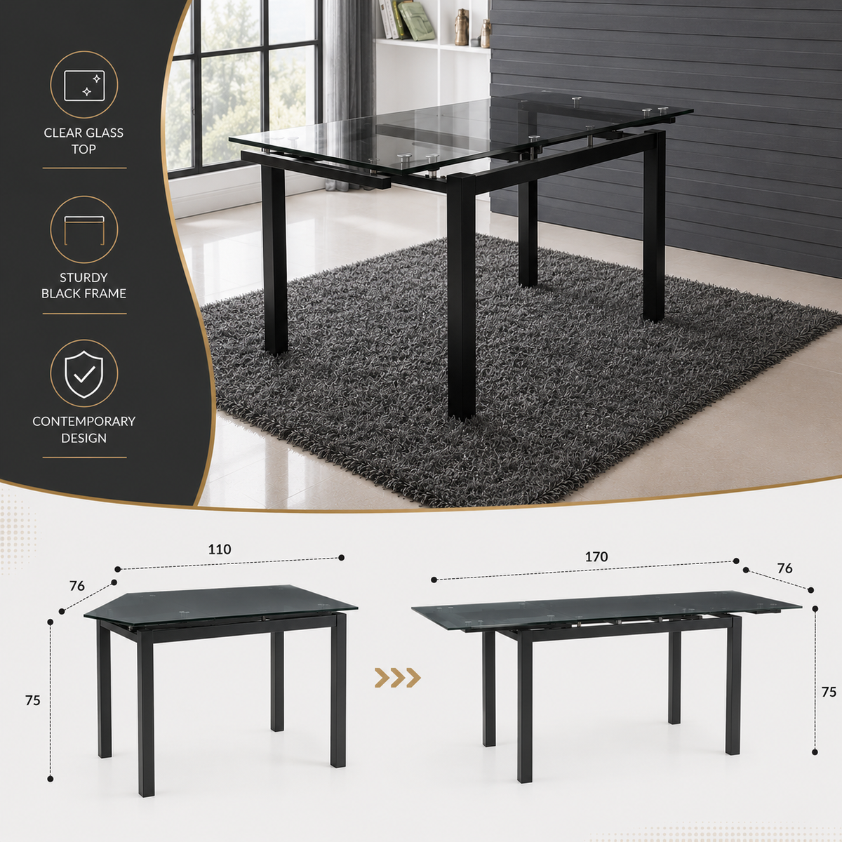 Modern Extendable Black Glass Dining Table with Metal Legs