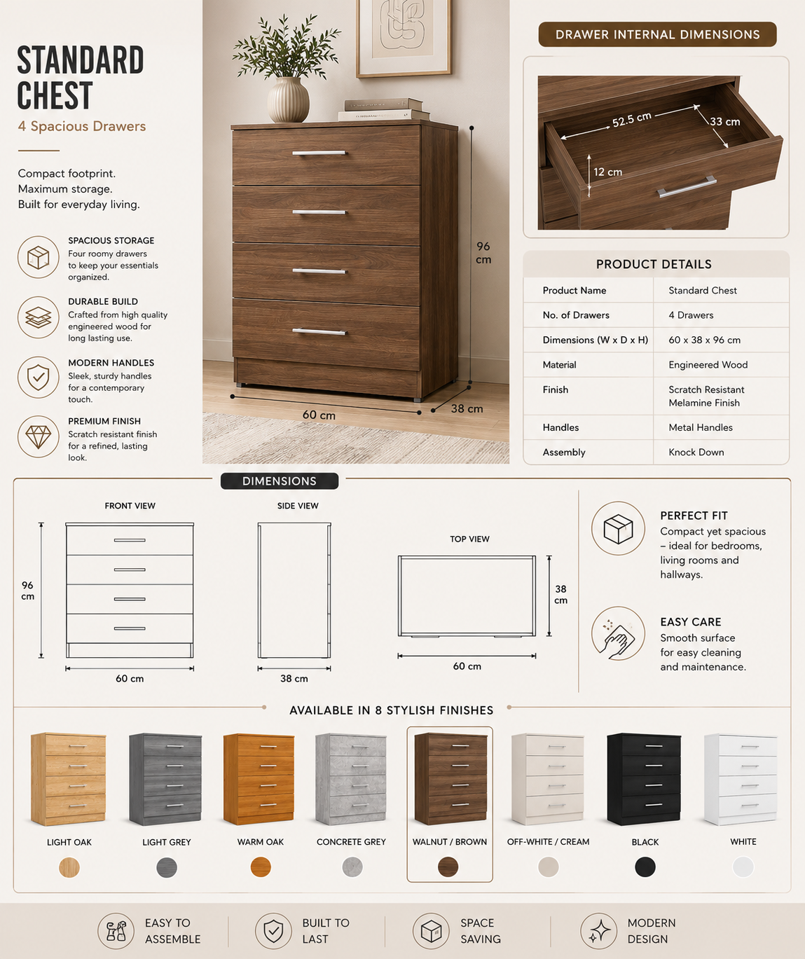 Modern 4-Drawer Wooden Chest of Drawers | Bedroom Storage Dresser