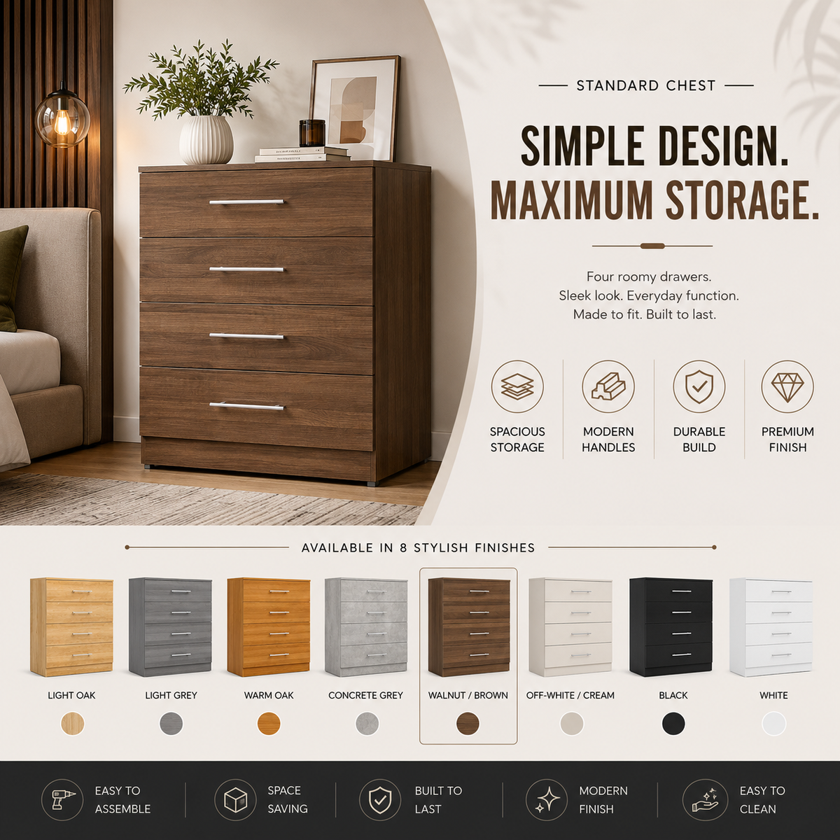 Modern 4-Drawer Wooden Chest of Drawers | Bedroom Storage Dresser