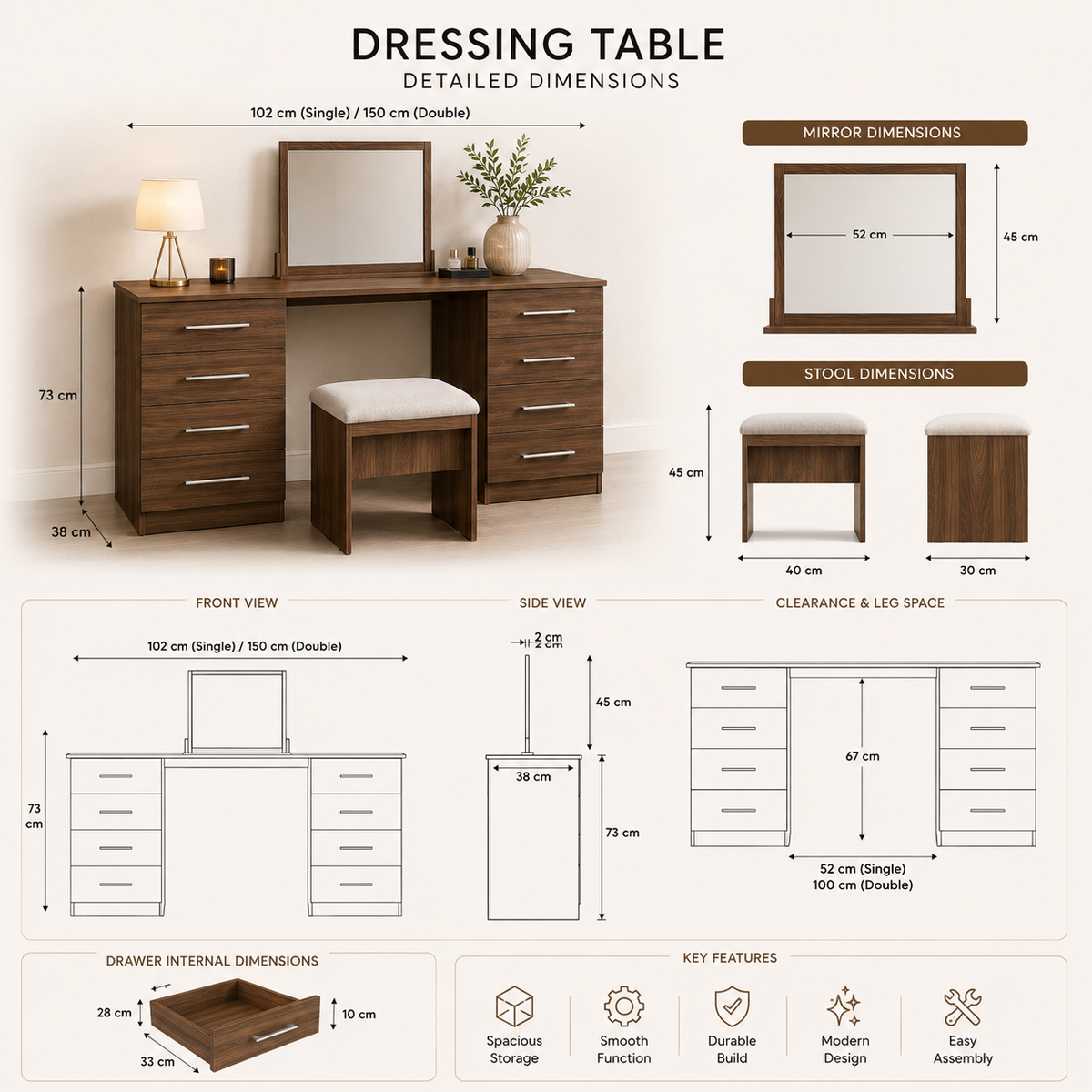 Modern 8-Drawer Dressing Table with Mirror & Stool | Bedroom Vanity Set