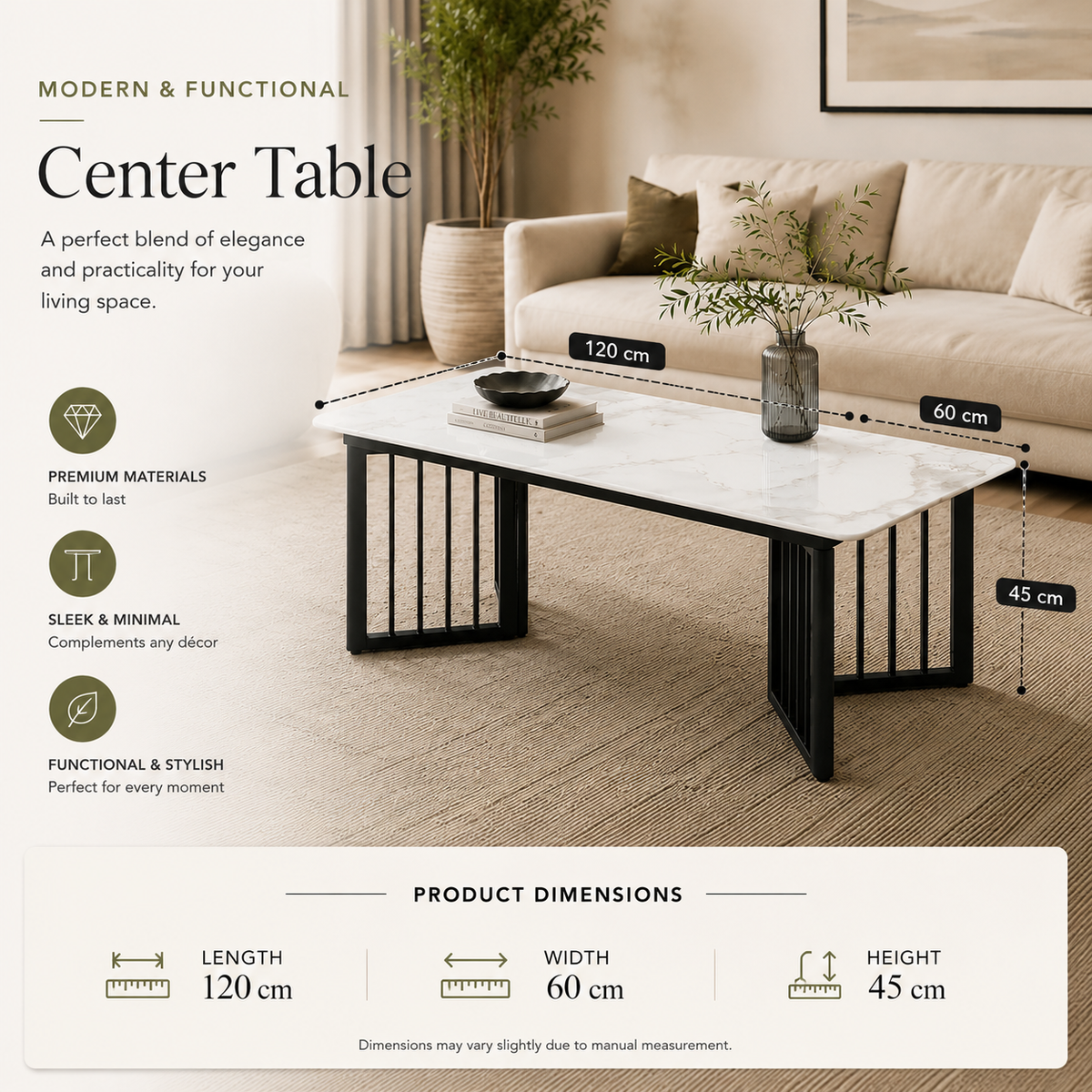 Modern Rectangular Stone Top Coffee Table | 120cm Living Room Center Table