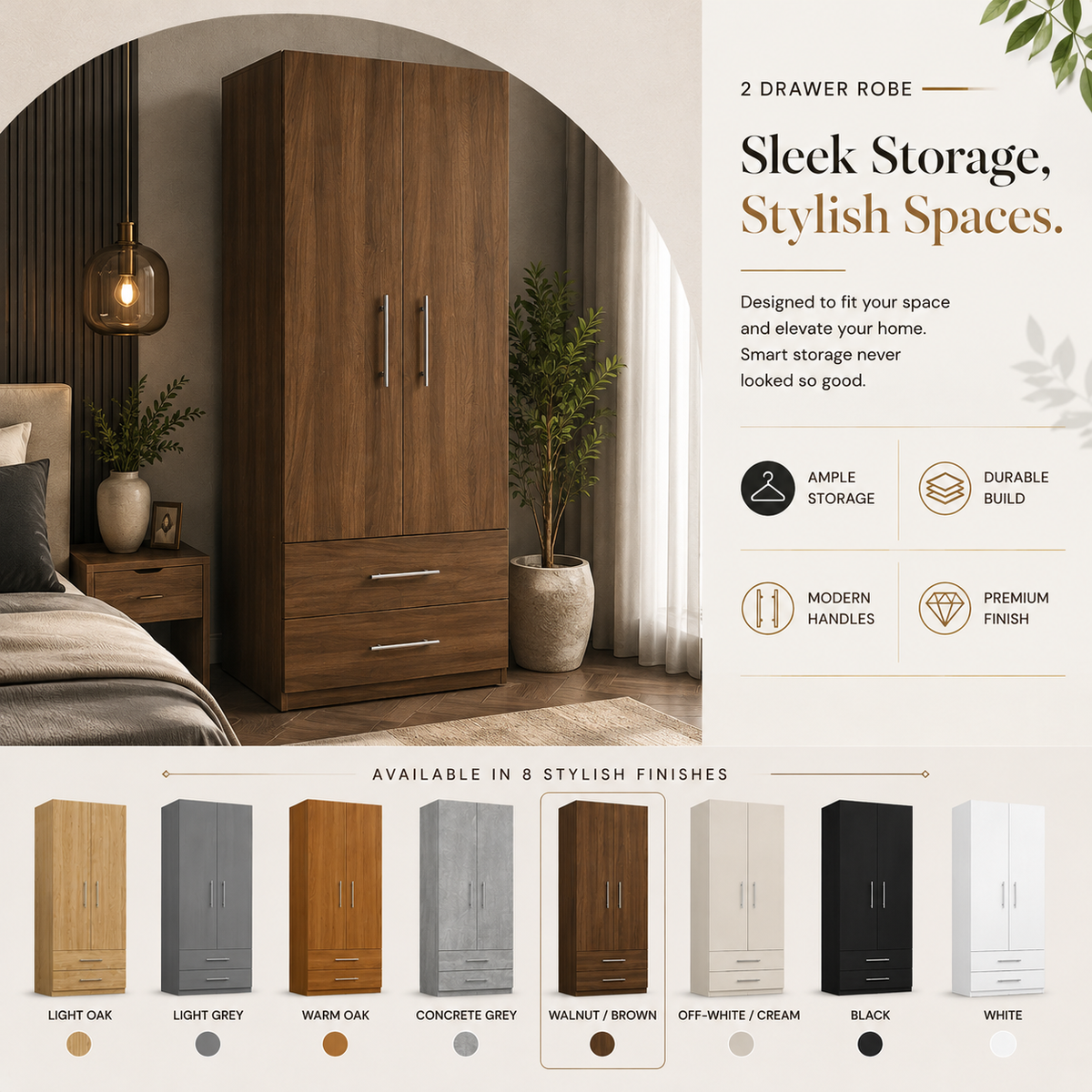 Modern 2 Doors Wardrobe with 2 Drawers | Sleek Bedroom Storage Cabinet