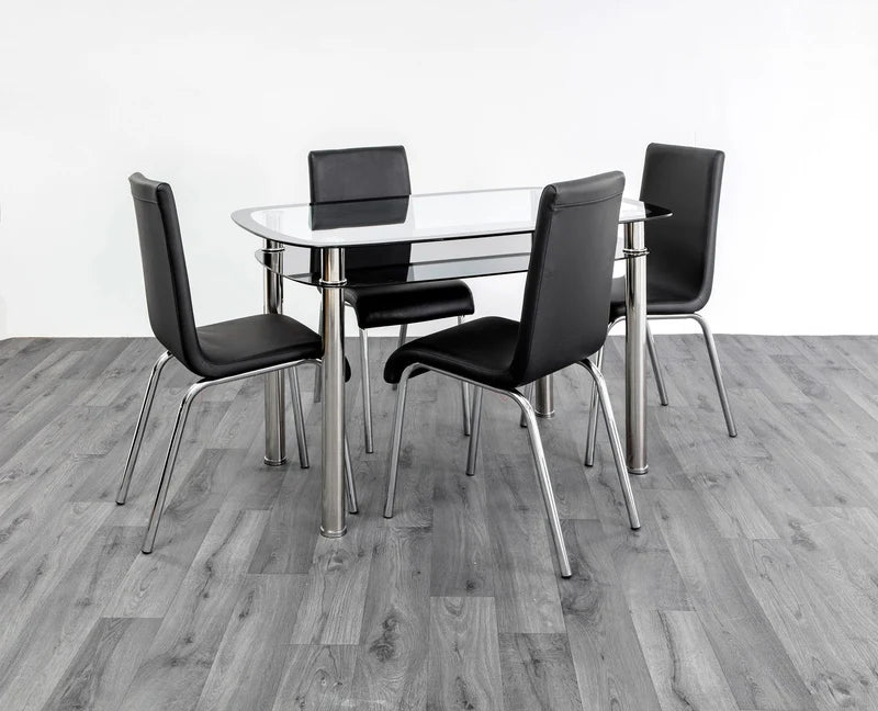 Budget Glass Dining Table Set with 4 Faux Leather Chairs & Storage Shelf