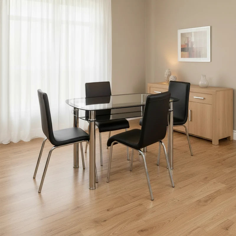 Budget Glass Dining Table Set with 4 Faux Leather Chairs & Storage Shelf