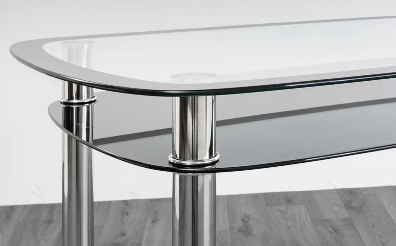 Budget Glass Dining Table Set with 4 Faux Leather Chairs & Storage Shelf