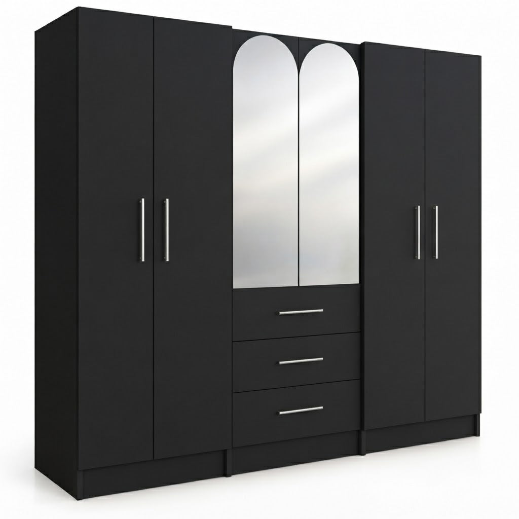 Multi-Door Wardrobe with Center Mirror and Drawers