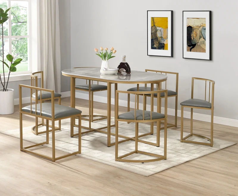Xpress Living Modern Luxury Dining Set with Gold Frame & Marble-Finish Table