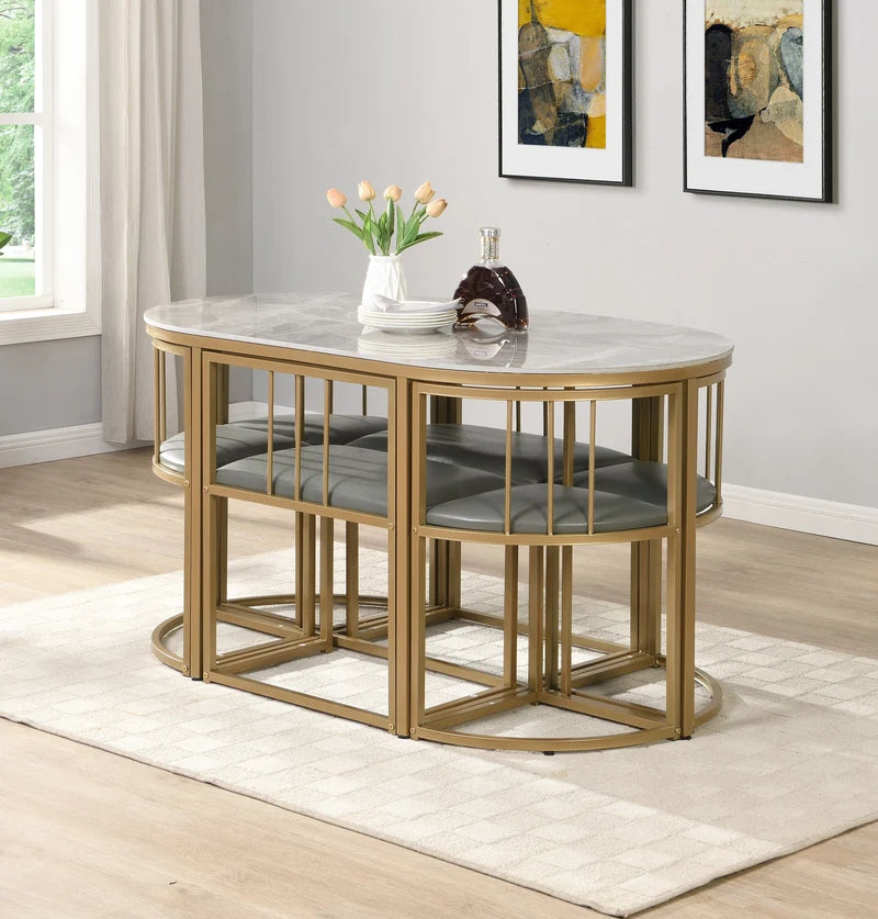 Xpress Living Modern Luxury Dining Set with Gold Frame & Marble-Finish Table
