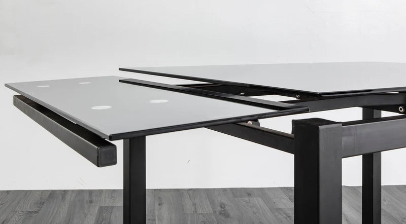 Modern Extendable Black Glass Dining Table with Metal Legs