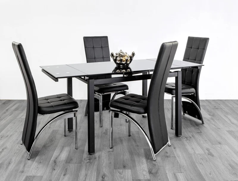 Modern Extendable Black Glass Dining Table with Metal Legs