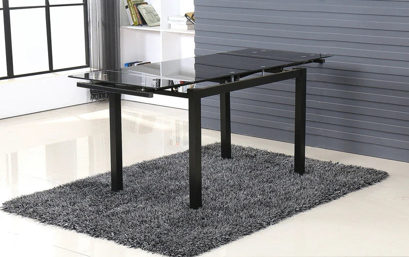 Modern Extendable Black Glass Dining Table with Metal Legs