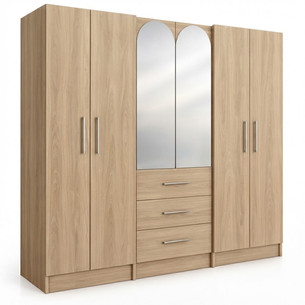 Multi-Door Wardrobe with Center Mirror and Drawers