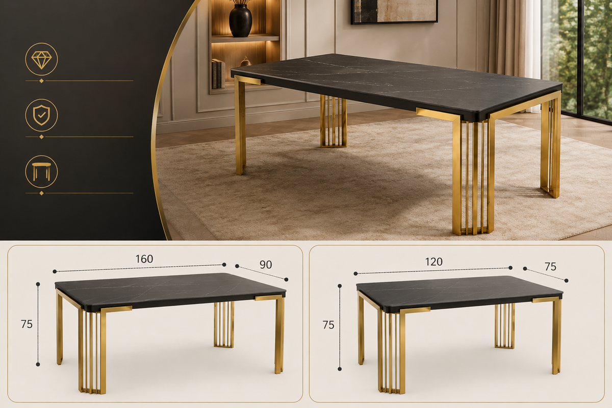 Daisy Modern Luxury Dining Table with Gold Frame & Marble-Effect Top