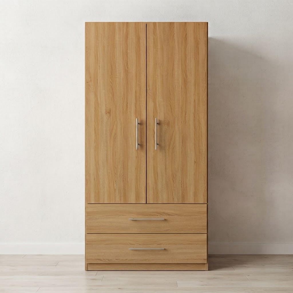 Modern 2 Doors Wardrobe with 2 Drawers | Sleek Bedroom Storage Cabinet
