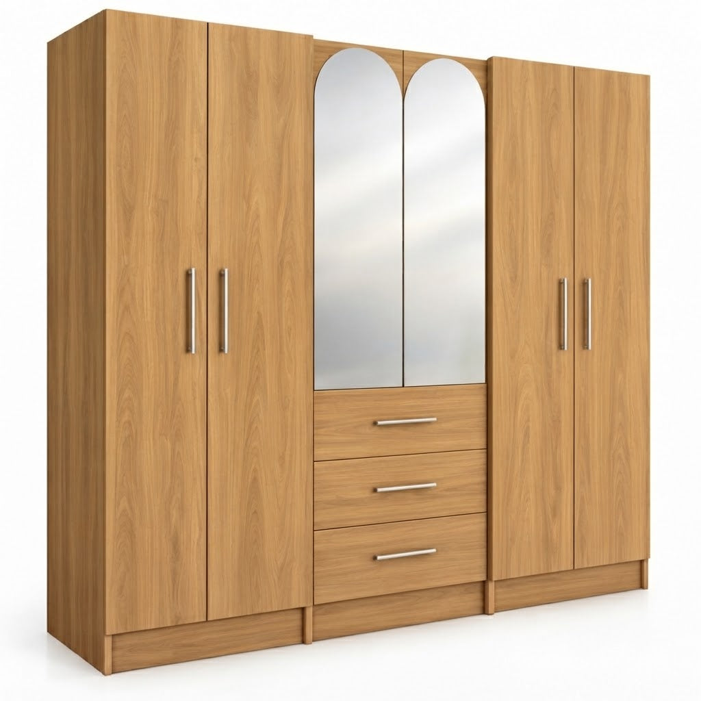 Multi-Door Wardrobe with Center Mirror and Drawers