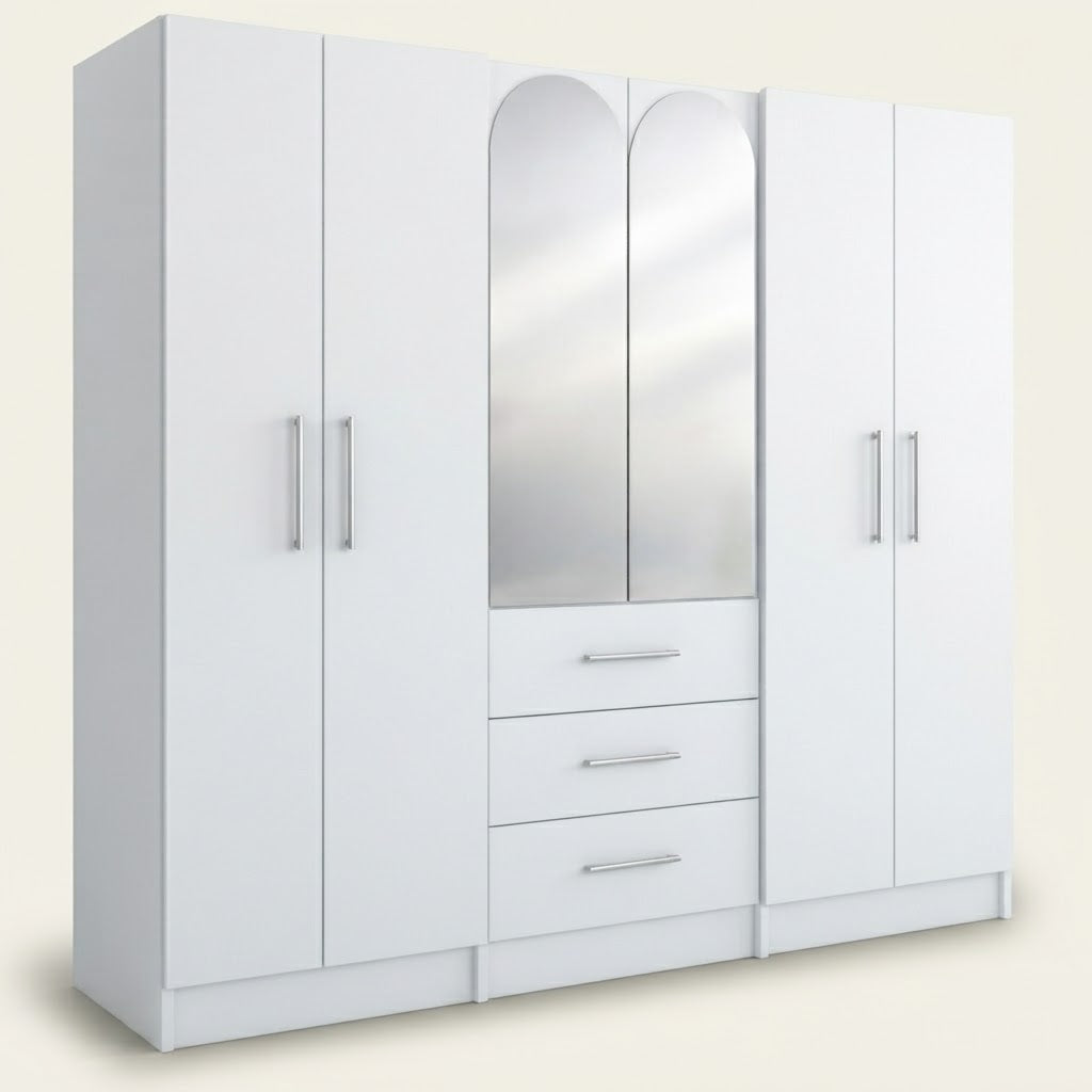 Multi-Door Wardrobe with Center Mirror and Drawers