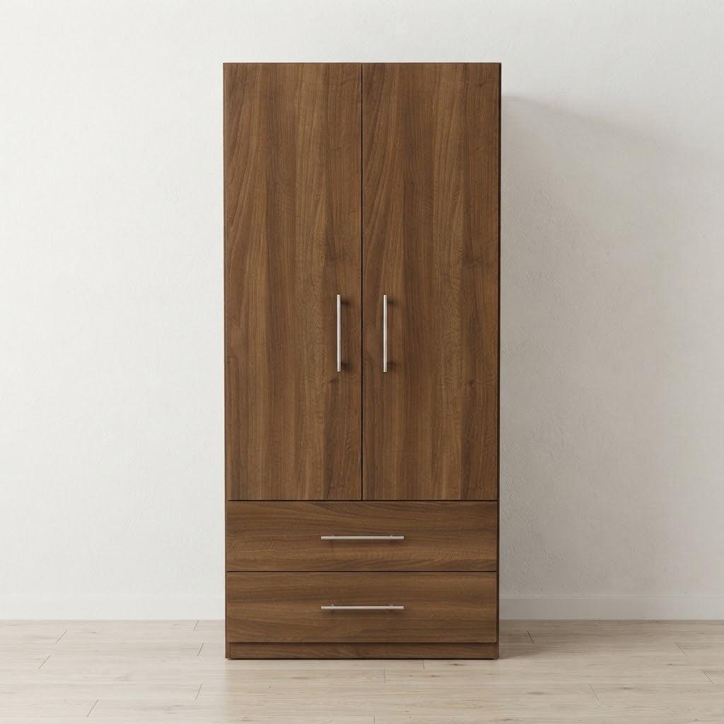 Modern 2 Doors Wardrobe with 2 Drawers | Sleek Bedroom Storage Cabinet