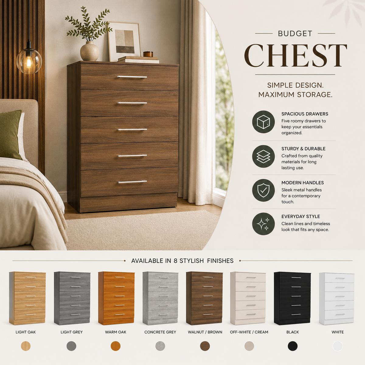 Budget 5-Drawer Tallboy Dresser, Bedroom Storage Cabinet